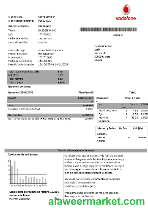 Spain Vodafone telecommunications business utility bill template in Word and PDF formats